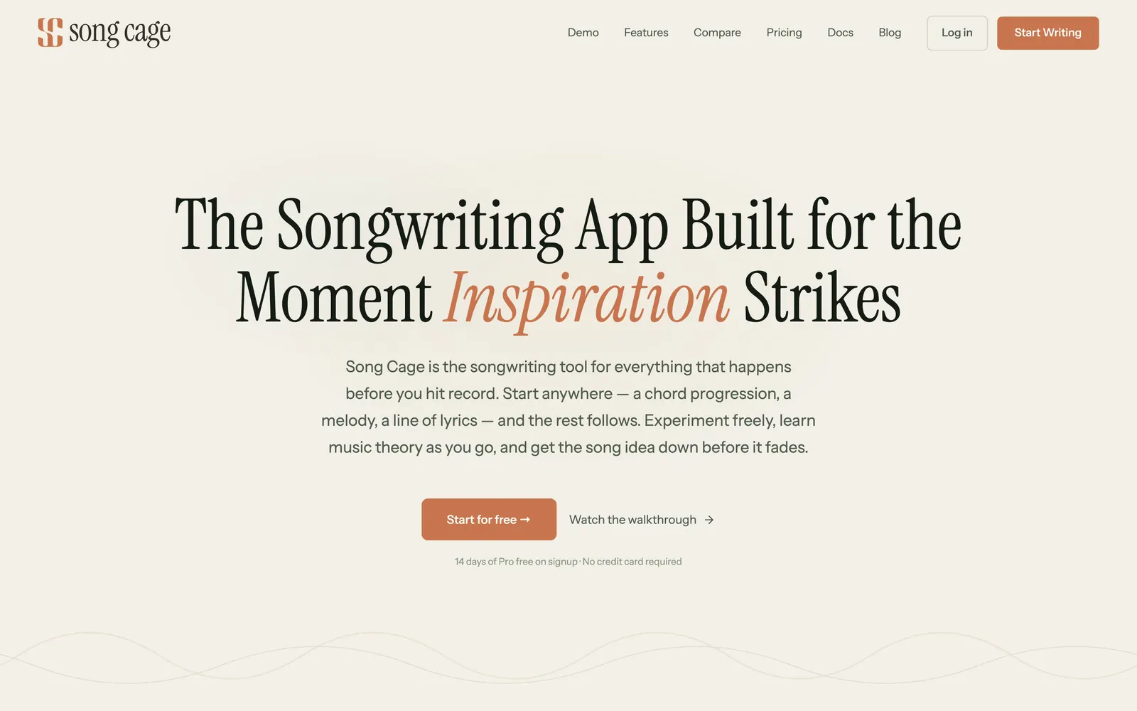 Song Cage marketing homepage at songcage.com: cream-backed serif headline reading "The Songwriting App Built for the Moment Inspiration Strikes" with "Inspiration" in vermilion italic, dual CTAs for "Start for free" and "Watch the walkthrough", and a 14-day Pro free trial line with no credit card required.