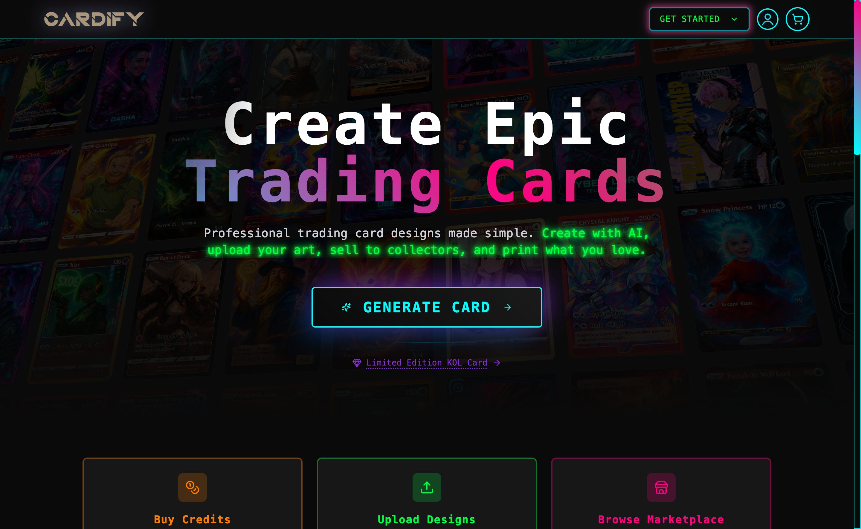 Cardify trading card platform — "Create Epic Trading Cards" hero over a grid of AI-generated card artwork, with Generate Card CTA, Buy Credits, Upload Designs, and Browse Marketplace tiles