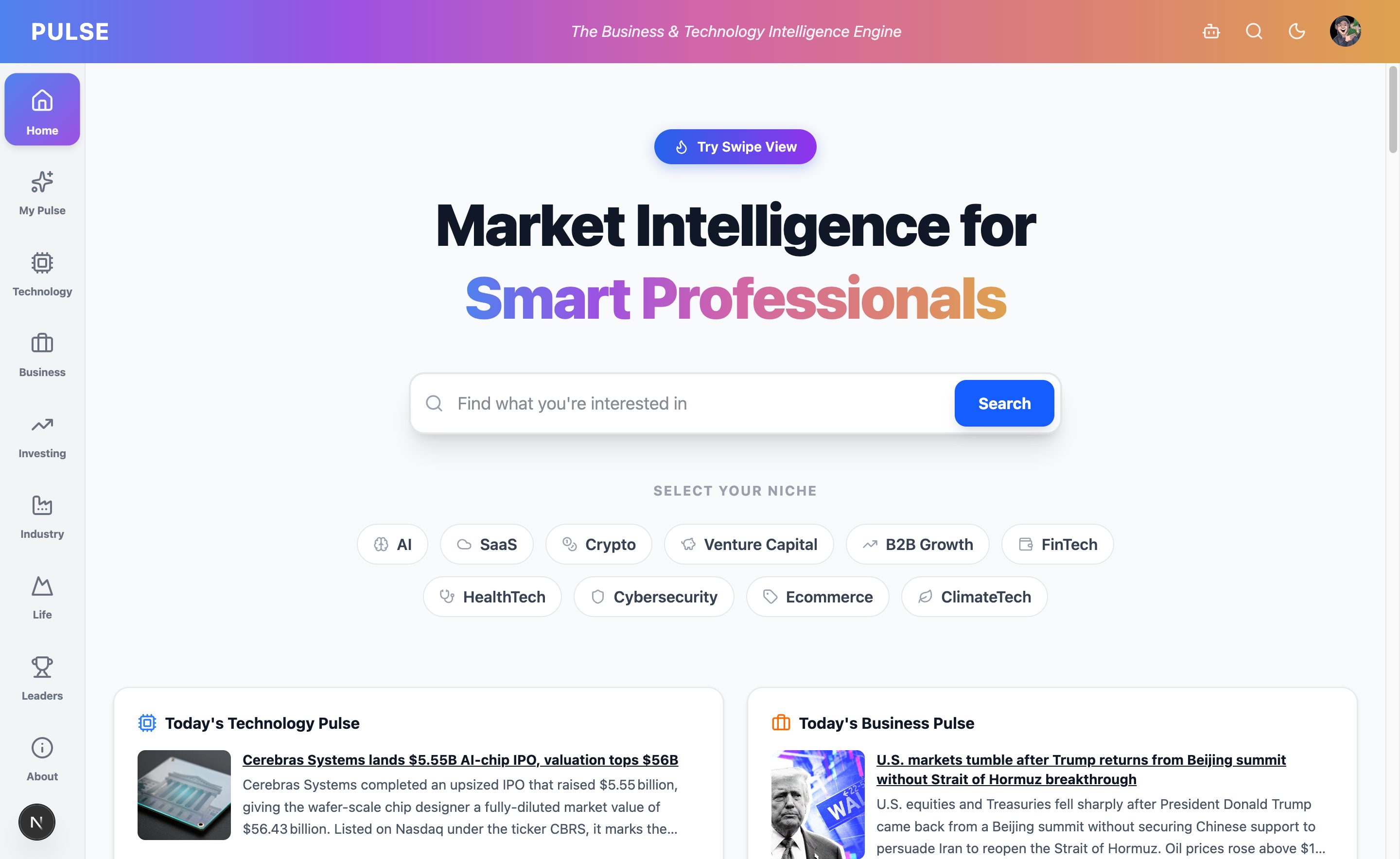 Pulse business-intelligence platform — "Market Intelligence for Smart Professionals" homepage with topic niches (AI, SaaS, Crypto, Venture Capital, FinTech, HealthTech), Today's Technology Pulse and Today's Business Pulse cards