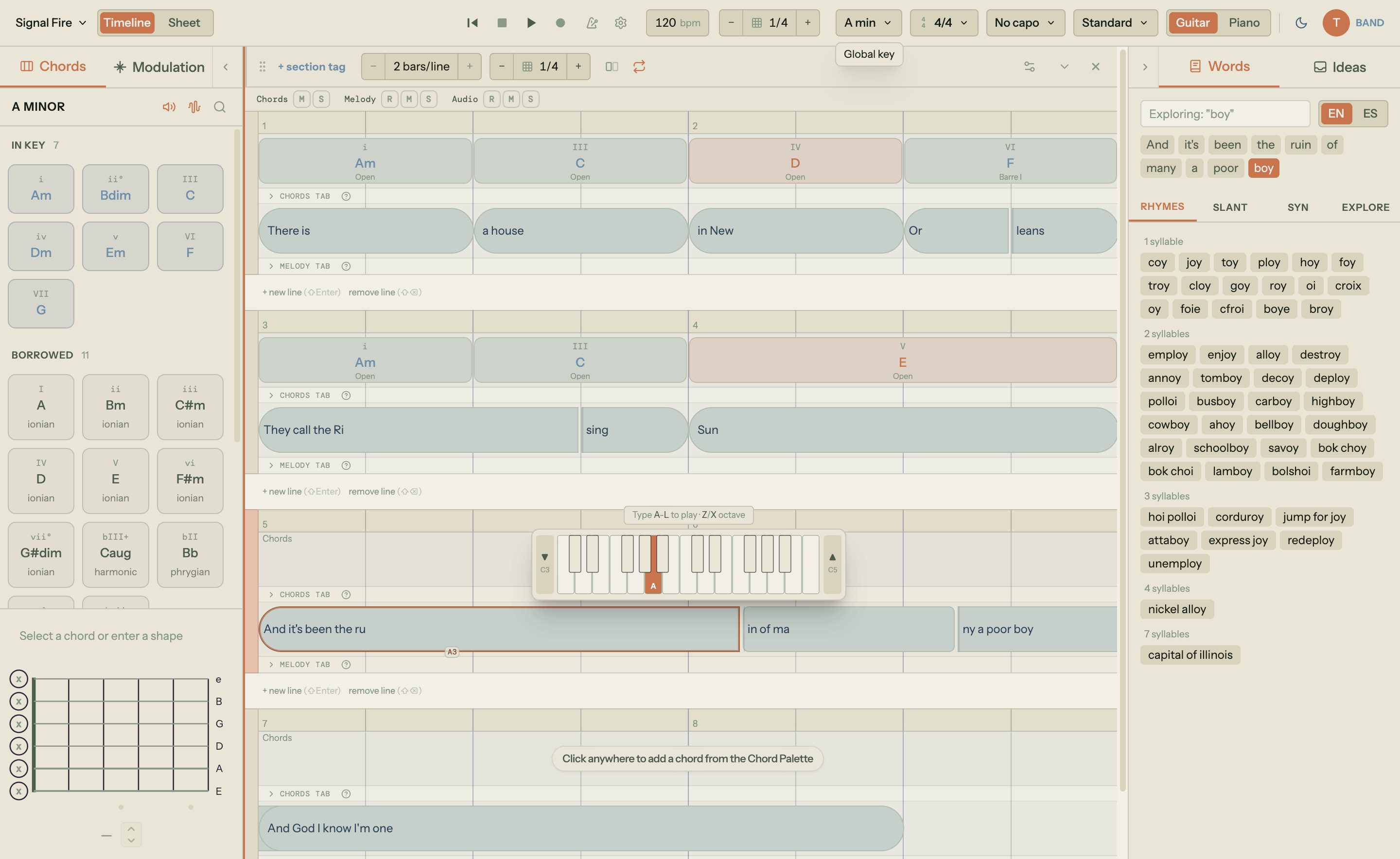 Song Cage songwriting app — DAW-style timeline canvas with Am, C, D, F chord blocks, "There is a house in New Orleans / They call the Rising Sun" lyrics laid on the beat, and the Word Tools panel showing rhymes for "boy" grouped by syllable count (coy, joy, troy, employ, enjoy, destroy, hoi polloi, corduroy, attaboy, capital of Illinois)