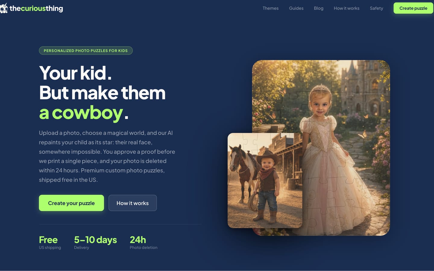 The Curious Thing personalized puzzle site — "Your kid. But make them a cowboy." hero with two AI fantasy portraits rendered as jigsaw puzzles: a girl as a princess outside a castle and a toddler cowboy beside a horse